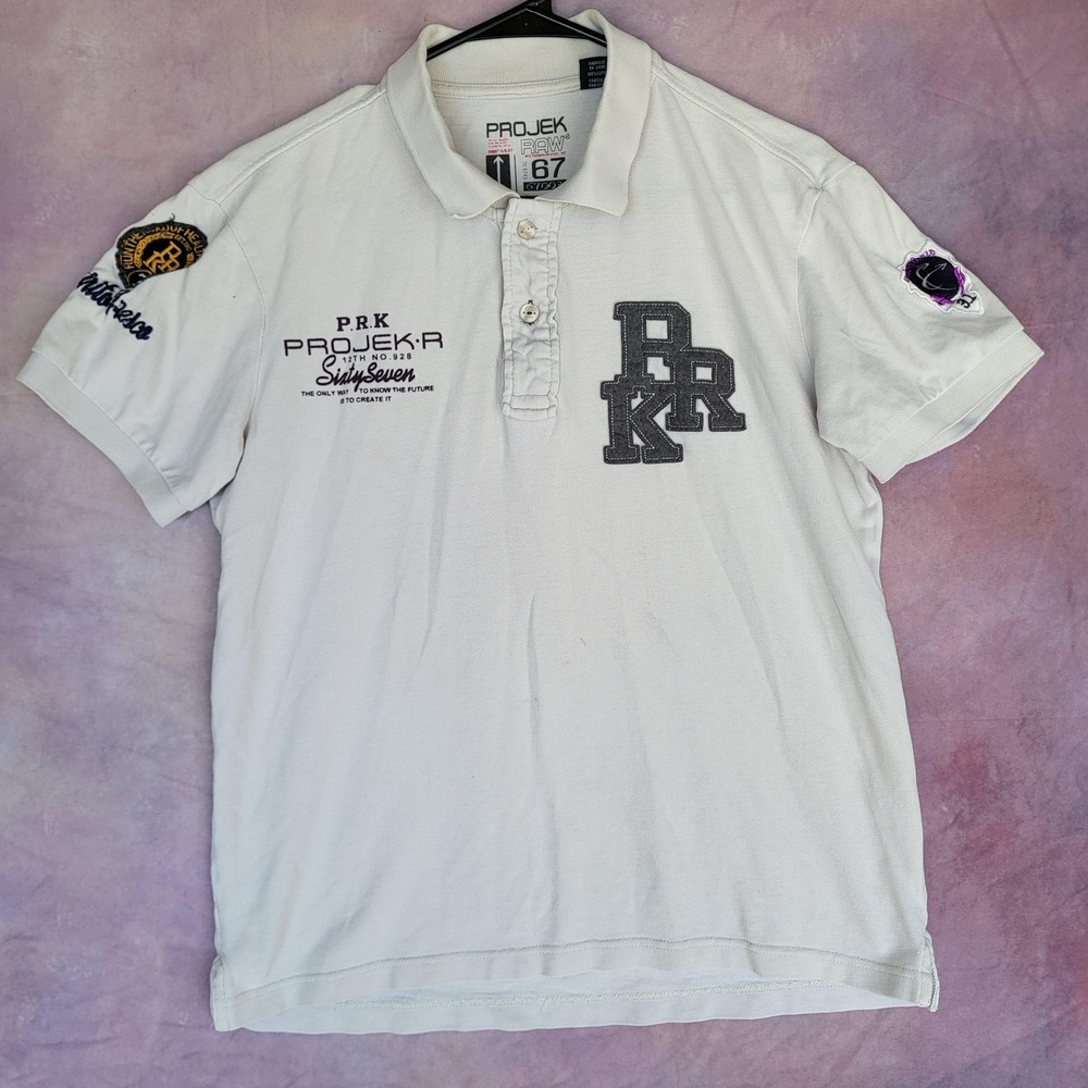 Projek Raw Polo Shirt Mens Size M White Sixty Seven PRK Graphic Embroidered Logo
